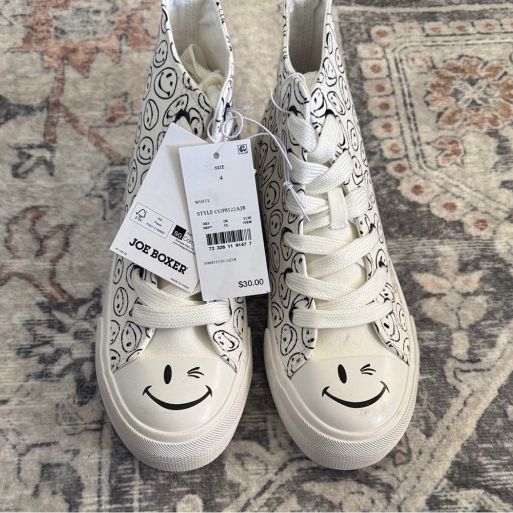 Joe Boxer White Canvas Smiley Face High-Top Sneakers